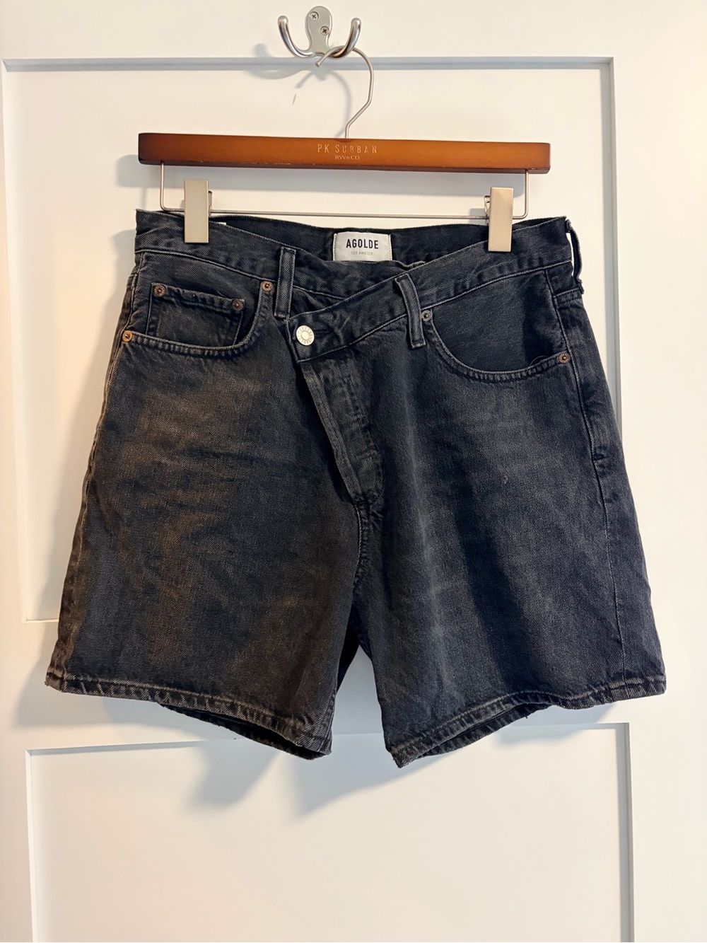 AGOLDE Criss Cross Waist Denim Jean Shorts, Sz 27.